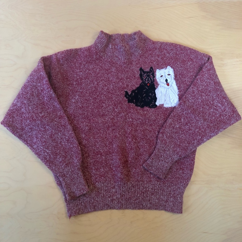 Vintage Wool Mock-neck Sweater Scottie Dog Embroidery Cottagecore Granny core
